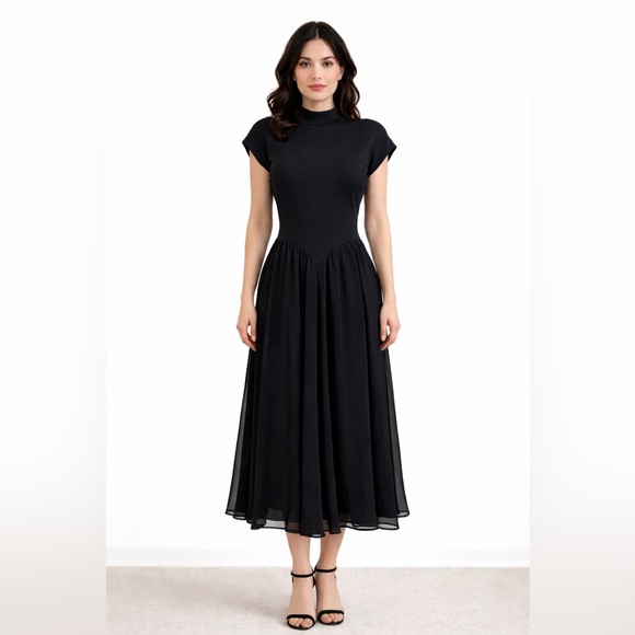 Vintage Dresses & Skirts - Vintage Arpeja Black Open-Back V-Waist Midi Dress Size 8 Black
